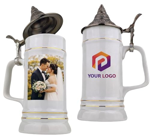 Bierkrug mit Deckel 0,7L – personalisierbar mit Ihrem Foto oder Logo – individuell gestaltbar – Geschenk Hochzeit Geburtstag Vatertag – Werbegeschenk Firmen und Vereine (weiß, Spitzdeckel)