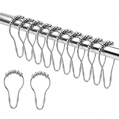 12 Metal Shower Curtain Hooks with Roller Balls – Rust-Resistant Ring Set | For Smooth Curtain Movement, Ideal For Bathrooms, Wet Rooms, And Shower Rods, Lightweight With A Handy Storage Box.
