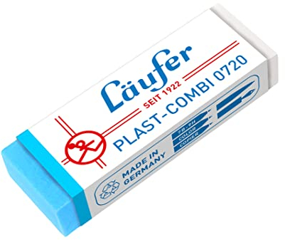 Läufer 00720 Plast-Combi 0720 gomme pour crayons à papier et de couleur, encres et encres de chine, transparente-bleue