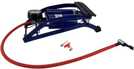 Sakura Twin Cylinder Foot Pump PG270 TWN – 52 cm Hose, Thumb Lock Connector, Pressure Gauge, 3 Valve Adaptors, Blue - For Schrader Valves Only