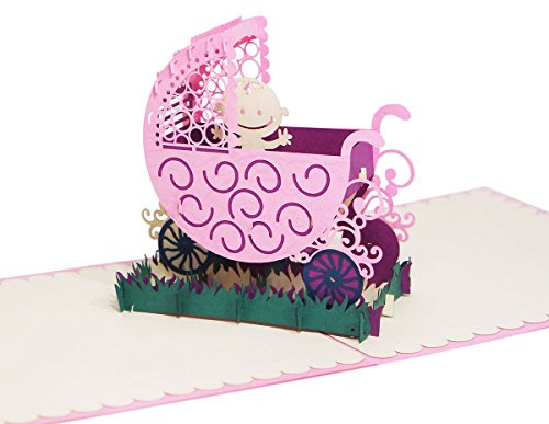 Kinderwagen (Rosa) - Klappkarte / 3D Pop-Up Karte - Glückwunschkarte zur Geburt, Grußkarte mit Baby