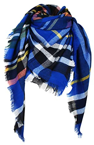VIVIAN & VINCENT Women's Fall Winter Scarf Classic Tassel Plaid Tartan Scarf Warm Soft Chunky Large Blanket Wrap Shawl Scarves Blue Tartan C48