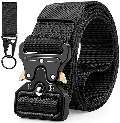 Ceinture Tactique,Militaire en Nylon, Homme Réglable avec la Boucle en métal résistante à dégagement Rapide pour Sport Extérieur Pratique et Durable,Noir, tailles:49”(125cm)