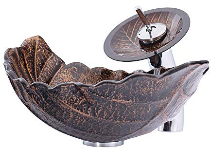 HomeLava Retro Waschbecken Blatt Design Gehärtetem Glas Aufsatzwaschbecken mit Wasserfall Wasserhahn für Bad und Gäste WC