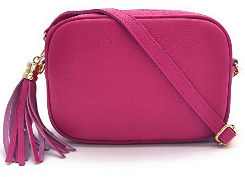 ELIOX Sac femme en cuir véritable fabriqué en Italie, petit sac à bandoulière élégant mode sac à bandoulière véritable cuir, fuchsia, Taille unique