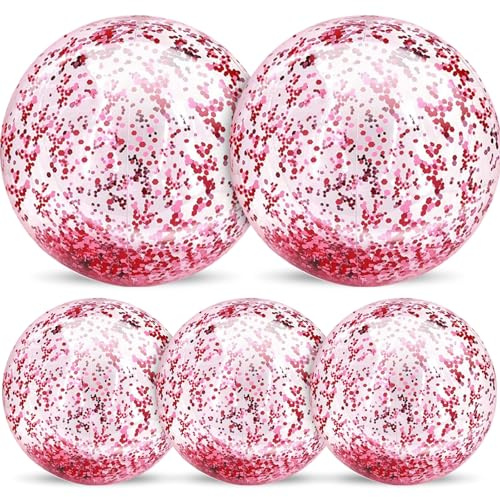 5 Pack Sequins Beach Balls 16 Inch 24 Inch, Inflatable Confetti Glitters Clear Beach Ball Swimming Pool Toy Birthday Party Supplies Pool Party Decorations Favors Gifts Water Balloons for Kids Adults