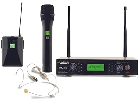 AUDIODESIGN PRO PMU 2212HBP Set centralina con microfono a gelato e microfono ad archetto UHF, kit radiomicrofono palmare professionale, microfono wireless con body pack