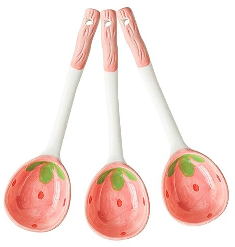 CIYODO 3pcs Elegant Ceramic Dessert Spoons Fruit Design Ice Cream Soup Scoops Non-Slip Handle for Dinnerware