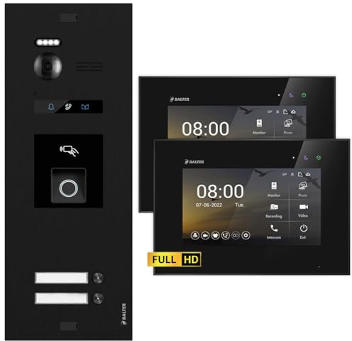 Nonic Balter EVO HD Schwarz/Schwarz Video Türsprechanlage mit Fingerprint Set für 2 Familienhaus (1x Türstation mit Full HD-Kamera, 2X 7 Zoll Monitor, 2-Draht Bus, RFID, 175° Weitwinkel)
