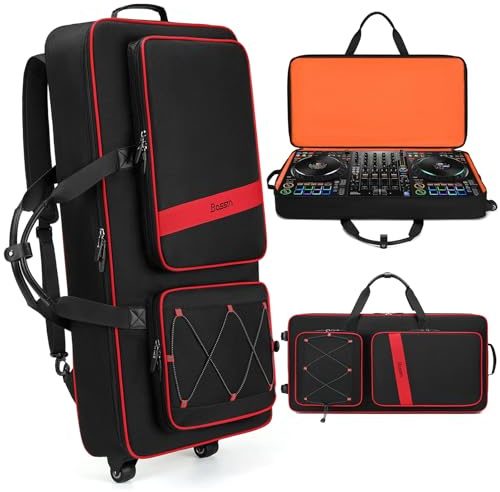 BOSSTIN DJ-Controller-Tasche mit Rädern, kompatibel mit DDJ FLX10 /1000 /FLX6 /REV7 /REV5, Rolling DJ Tasche für Ausrüstung, gepolsterter großer DJ-Rucksack mit Multi-Tasche für 15,6 Zoll Laptop