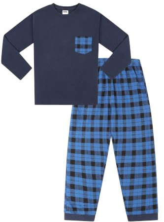 Boys Blue Check Woven Long Cotton Pyjama Set PJs for Kids (14-15 Years)
