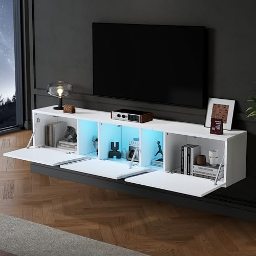 Aunvla 180 x 35 x 30 cm, mueble de TV montado en la pared, mueble de TV con luces LED, soporte de TV con 3 puertas, apto para televisores de 75 pulgadas, armario de TV de alto brillo, color blanco