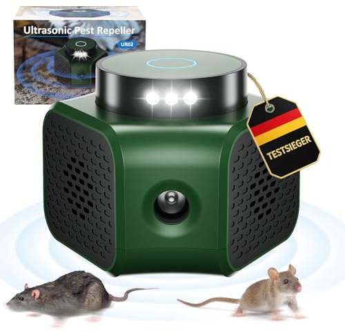 MEKEET Ultraschall Mäuseabwehr mit LED-Stroboskoplicht, 360° Schutz gegen Mäuse für Nagetiere, Eichhörnchen, Mäuse, Spinnen