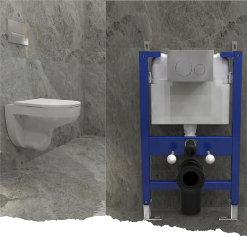 Biubiubath Modern Bathroom Round Rimless Wall Hung Toilet UF Slim Soft Close Seat with 0.82M Low Height Concealed Cistern Frame & Round Sliver Flush Plate