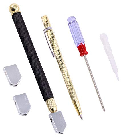 Swpeet 6 st professionella glasskärare verktygssats, 13 cm volfram scribe graveringspenna med penna oljefoder karbid spets glasskärare, 2 st blad med oljepumpare och skruvmejsel