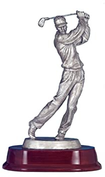 Henecka ⛳️ Golf-Pokal, Herren Resin-Figur Golf Spieler beim Abschlag, Golf Trophäe, Silber & Sockel DKL.-rot, mit Wunschgravur