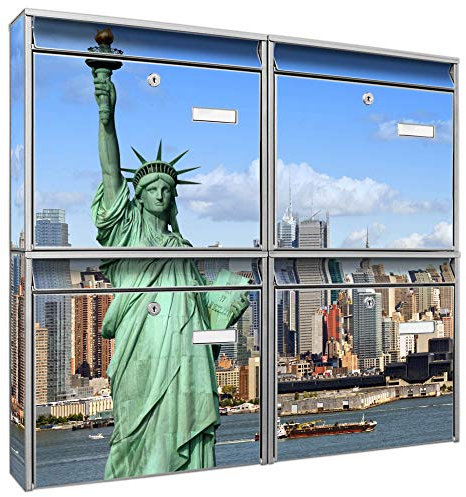 banjado Briefkastenanlage 4 Fach - Postkästen groß - verzinkter Stahl Silber DIN A4 Motiv Welcome to NY - Briefkasten Set 4 Briefkästen Namensschild, 2 Schlüssel, Montagematerial