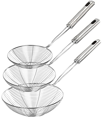 Abseihlöffel Sieb, 3 Stück 19,5 17,5 13,5 cm Schaumlöffel Edelstahl, Schöpfkelle Mesh Küchensieb mit Langem Griff und Hängen Loch zum Kochen und Frittieren, Spülmaschinengeeignet