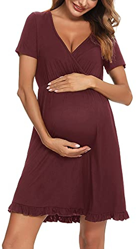 Doaraha Camicie da Notte per Allattamento da Donna Camicia da Notte Premaman Cotone Volant Eleganti Pigiama da Allattamento Parto Ospedale Indumenti da Notte - Rosso - Manica Corta, XL