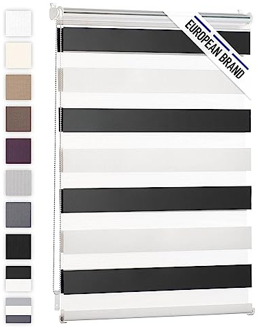 Blumtal dubbelrullgardin 70 x 155-195cm - Fast rullgardin, Rullgardiner för fönster utan borrning, Rullgardin för fönster & dörrar, Sidodragsrullgardin, Vit - Svart