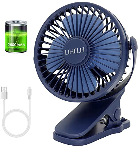 LIHELEI Rechargeable Clips on USB Desk Fan - 2600mAh Powerful Airflow Low Noise- Portable Personal Fan for Baby Stroller Camping Home Office Travel Blue