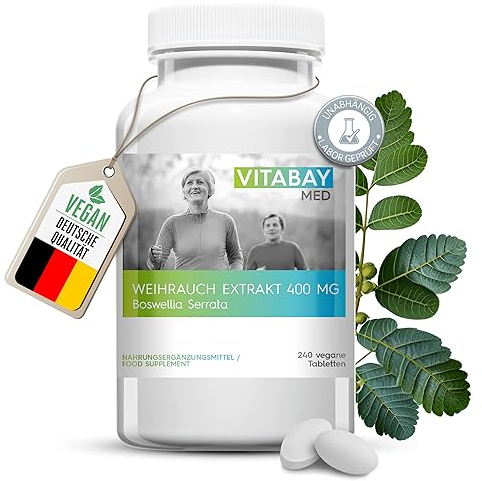 Vitabay Weihrauch 400 mg vegane Tabletten • 240 Weihrauchkapseln hochdosiert • Boswellia Serrata Kapseln hochdosiert • Weihrauch Kapseln hochkonzentriert • Weihrauch Kapsel Boswellia Weihrauch