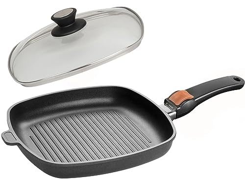 SKK flache 2-tlg. Guss Grillpfanne 26x26 cm - Induktion - eckige Antihaft Steakpfanne Stiel abnehmbar gerippter Boden & Deckel - Made in Germany