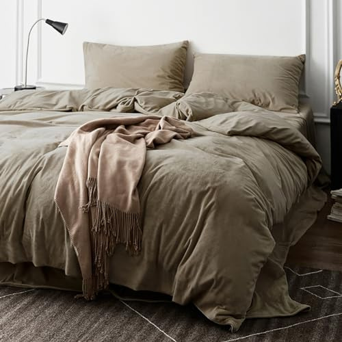 Omela Winter Bettwäsche 220x240cm Warm Fleece Plüsch Bettbezug Set Taupe | Oeko-TEX zertifizierte, mit 2 Kissenbezug 80x80 cm, Cashmere Touch, Flauschig, Winterbettwäsche Set, Reißverschluss