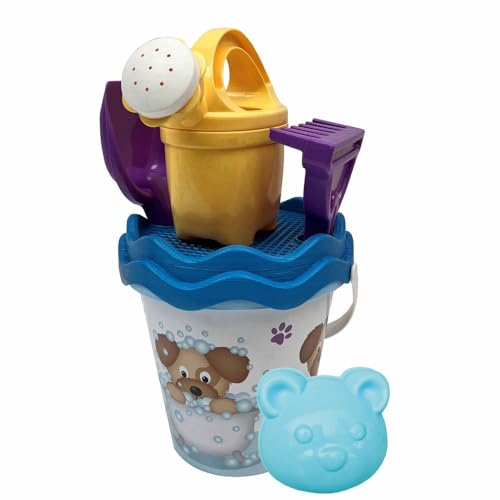 Hund Eimergarnitur, 6 Teile, Eimer, Sieb, Sandfrom, Schaufel, Rechen, Gießer, H:16cm, D:17cm