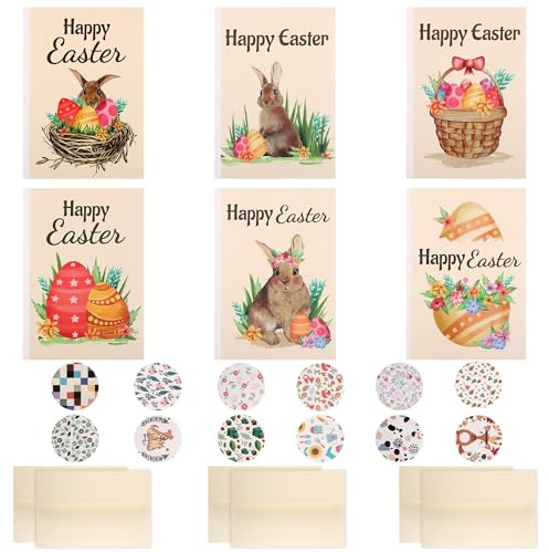 lasuroa 24 Osterkarten mit Umschlägen und Siegelaufklebern, 6 Stile Fröhliche Ostern Grußkarten Kaninchen Bunte Eier Elemente Dekorative Hasenkarten Osterpartyzubehör für Austausch im Klassenzimmer