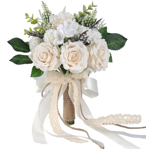GLIDLION Ramos de boda para novia, dama de honor, rosas artificiales de champán blanco para decoración de iglesia de boda (7.5 pulgadas)