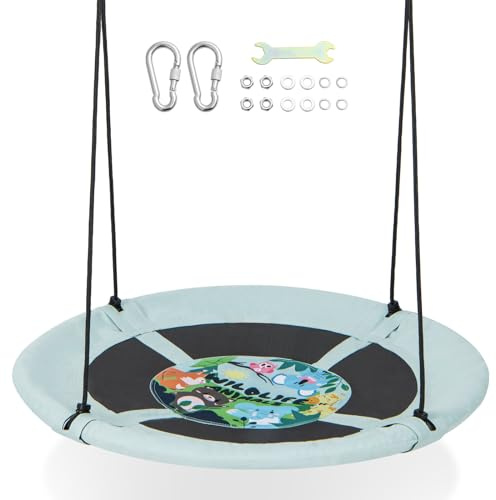 DREAMADE Balançoire Nid d’Oiseau Ronde Ø102CM avec Motif Innovant,Balançoire à Suspendre avec Hauteur Réglable 140-180CM&Quincaillerie,Siège Suspendu Charge 100KG pour Intérieure&Extérieure (Forêt)