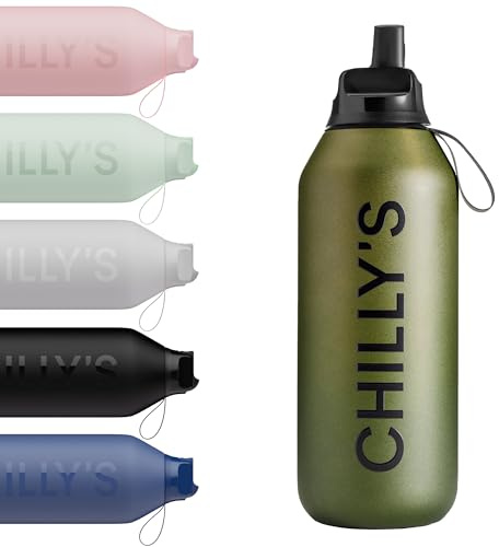 Chilly's Series 2 Flip Water Bottle with Sports Lid - Vacuum Insulated Stainless Steel Water Bottle with Straw, Carry Loop, & Cleaning Brush - No Sweat - 500ml - Ombre, Moss