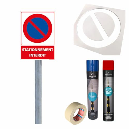 Adzif.biz Le sticker de decoration - Kit Panneau et Pochoir Stationnement Interdit Rectangle - Marquage au sol - Panneau Stationnement Interdit Rectangle - Poteau Galvanisé + Peinture.