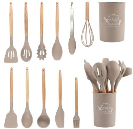 TINA&CO Juego de 12 Utensilios de Cocina de Silicona con Mango de Madera - Kit de Cocina Completo de Menaje, Antihaderente, Resistentes al calor y Duraderos (Beige)