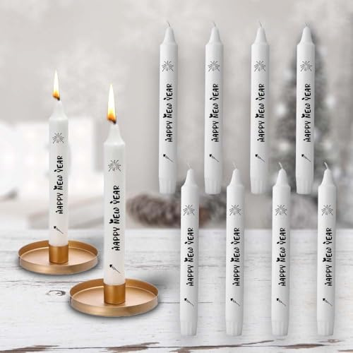 Silvester Kerzen Neujahr Kerze fertig bedruckt kein Kerzentattoo Wasserschiebefolie Kerzenhalter Kerzen für Kerzentattoos Stabkerzen deko (5 Stück, Happy new Year)