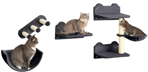 PawHut Estante de Escalada para Gatos de Pared Juego de Estantes para Gatos 4 Piezas con Hamaca Nido Rascador Plataformas para Saltar y Poste de Sisal Gris Oscuro