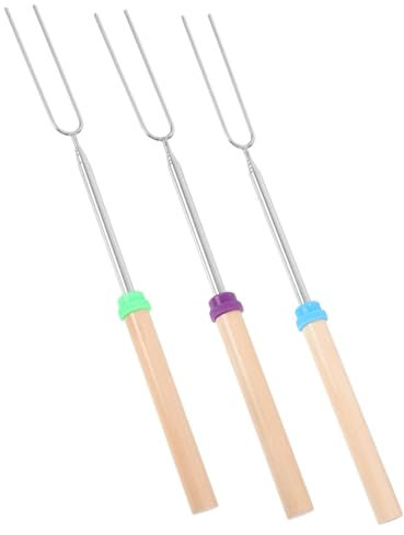 BESPORTBLE Brochettes Télescopiques 3 Pcs pour Saucisses et Légumes Fourchettes à Barbecue Acier Inoxydable avec Poignée Bois pour Camping et Pique-niques