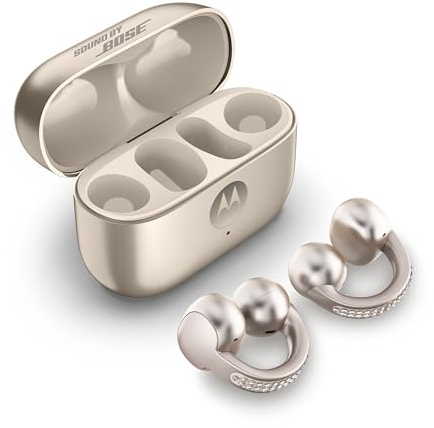 Motorola Moto Buds Loop ft. Sound by Bose (Open-Ear-Earbuds, BT 5.4, kristallklarer Sound, Geräuschunterdrückung, kabelloses Laden, Akkulaufzeit bis zu 8 Std.) French Oak mit Swarovski-Kristallen
