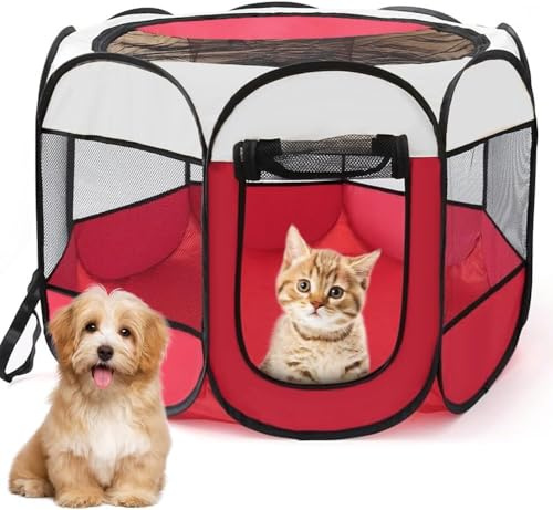 Welpenauslauf Faltbar, Welpenlaufstall Tierlaufstall Laufstall Hund, 74x74x43cm, Katzengehege Outdoor & Indoor, Oxfordgewebe, für Hunde, Katzen, Hasen, Kleintiere (Rot)