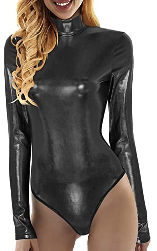 pvucpot Body in Finta Pelle Donna Maglia da danza danza balletto palestra body classico elastico per donna e ragazza a maniche lunghe girocollo