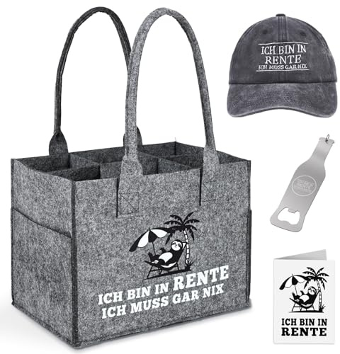 Alishomtll Ruhestandsgeschenke Bier Flaschentasche für Männer, Filz Männerhandtasche Bier 6 Flaschen, Ruhestand Bierfest Vatertag Herrenhandtasche mit Flaschenöffner, Basecap, Grau