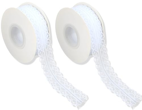 2 Rollen à 22 m, 3 cm breit Spitzenband Weiß Vintage, Spitzenborte Weiss, Vintage Dekoband für Hochzeit, Schleifenband zum Basteln, Nähen, Geschenkverpackung, Floristik, DIY Deko, Tischdeko & Handwerk