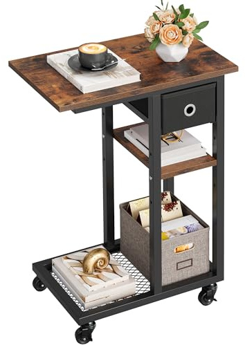 YITAHOME Beistelltisch C-Form Rollen Schublade Wohnzimmertisch Laptoptisch | Rustikales Braun, Sofatisch Betttisch Nachttisch kleiner Tisch, Wohnzimmertisch für Kaffee und Laptop, 50x30x67cm