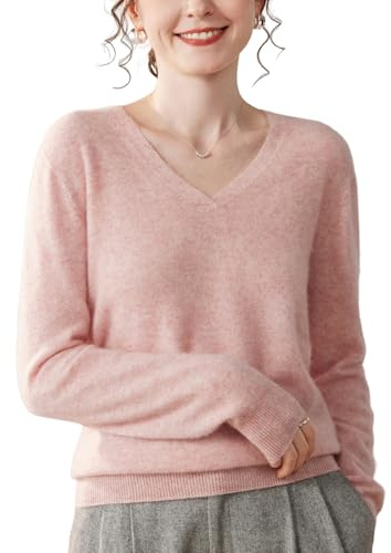 DISSA Pull Cachemire Femme Col V Maille Fine Ample,Rose,38