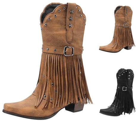 Fransade stövlar för damer – läder cowboy stövlar för kvinnor med tofsar – medelhöga vadskor cowgirl cowgirl cowboy stövel sko tjock klack sko spetsig tå västerländsk stövel plus storlek varm inuti