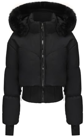 Winter Jackets for Women UK - Faux Fur Hooded Puffer Coat, Cropped Fluffy Padded Jacket, Quilted Warm Overcoat with Pockets, Lightweight Waterproof Coat, Slim Fit, Ladies Hiking Walking Outwear