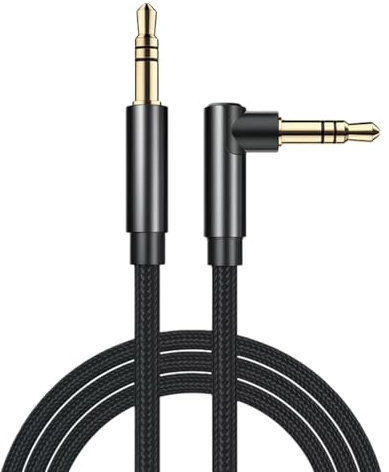 YCSONLY 1.5m 90 Degree Elbow 3.5mm AUX Cable, Male to Male Cord with 24bit/96kHz DAC Chip, Gold Plated Nylon Braided HiFi Cable for Car, Laptop & Headphones