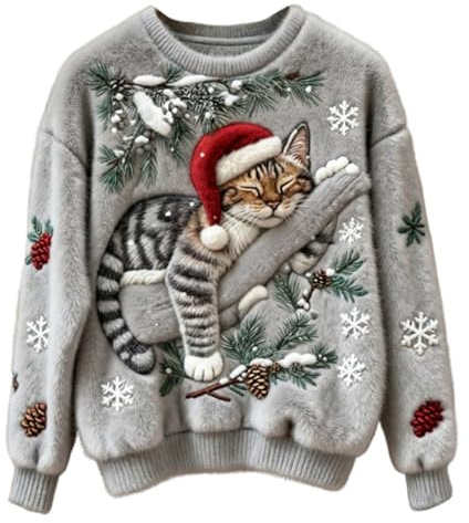 Pull de Noel Femme Rigolo Hiver Drôle Sweat Pull Noël Fantaisie à Col Rond et Chaud Sweatshirt de Noël en Flanelle avec imprimé Chat Mignon pour Femme Thermique Confortable Vêtement Festif Joli Haut
