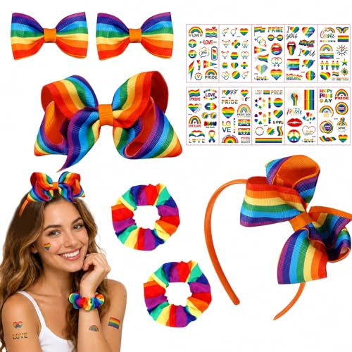 CSD Outfit Damen – 1 bunter Schmetterlings-Haarreif, 2 kleine Schmetterlings-Haarspangen, 1 große Schmetterlings-Haarspange, 2 Regenbogen-Haargummis, 10 Regenbogen-Sticker für Pride-Events,